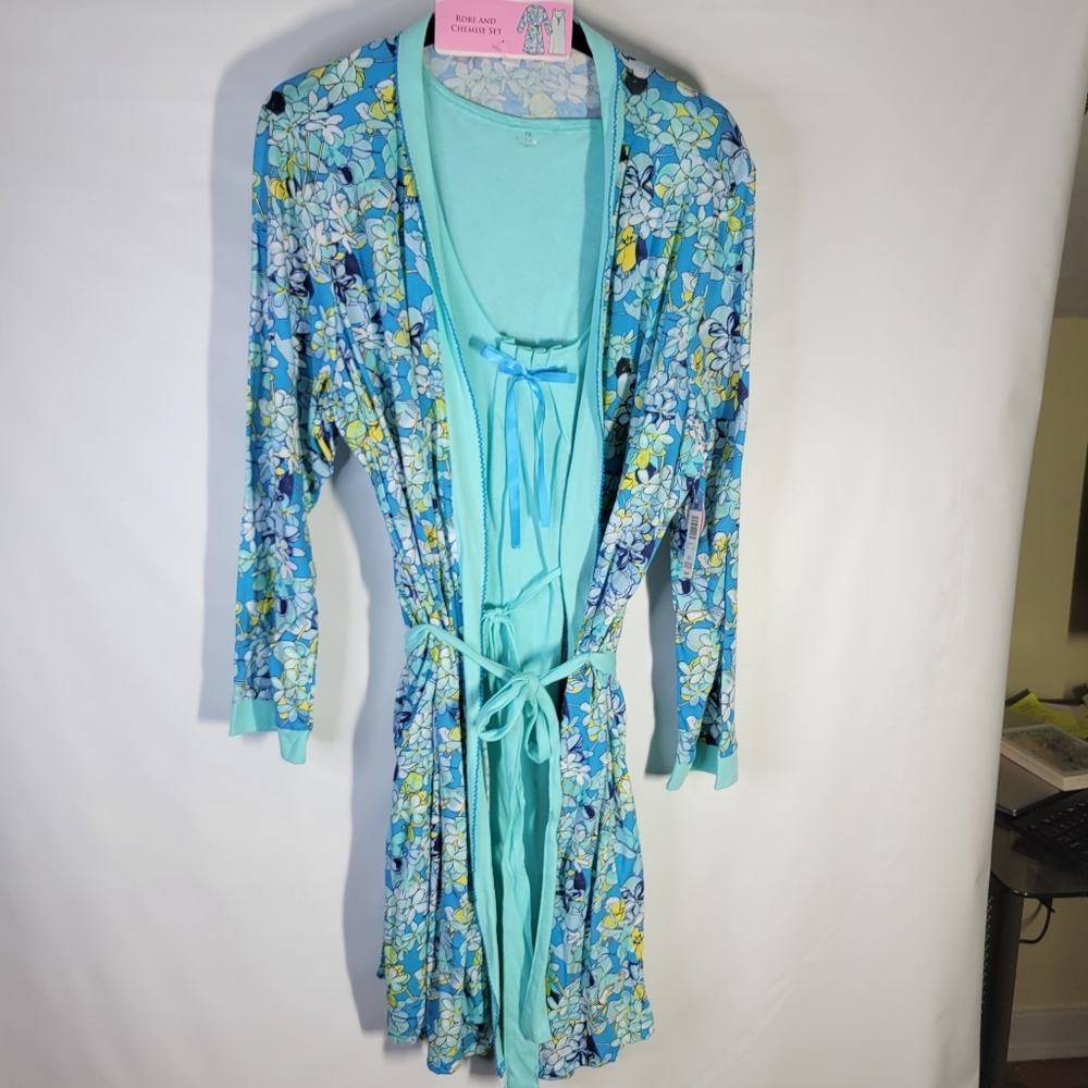 NWT Vintage Pink by Kmart Robe/Chemis Set Teal Floral Size 2XL Cotton Poly Blend